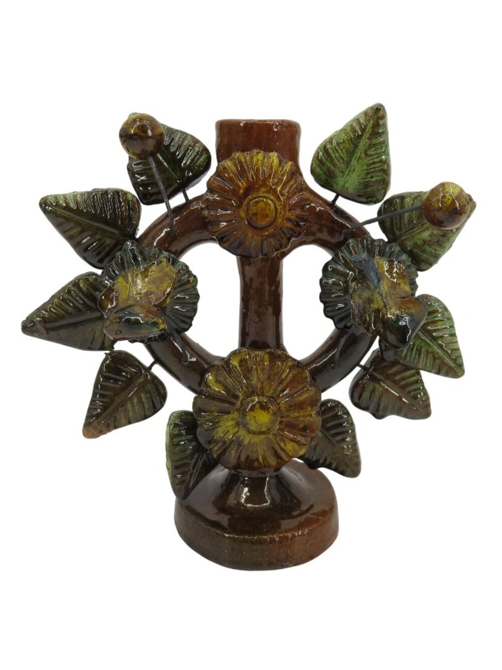 Tree Of Life Pottery Single Candleholder Candelabra Mexican Folk Art Flower Leaf